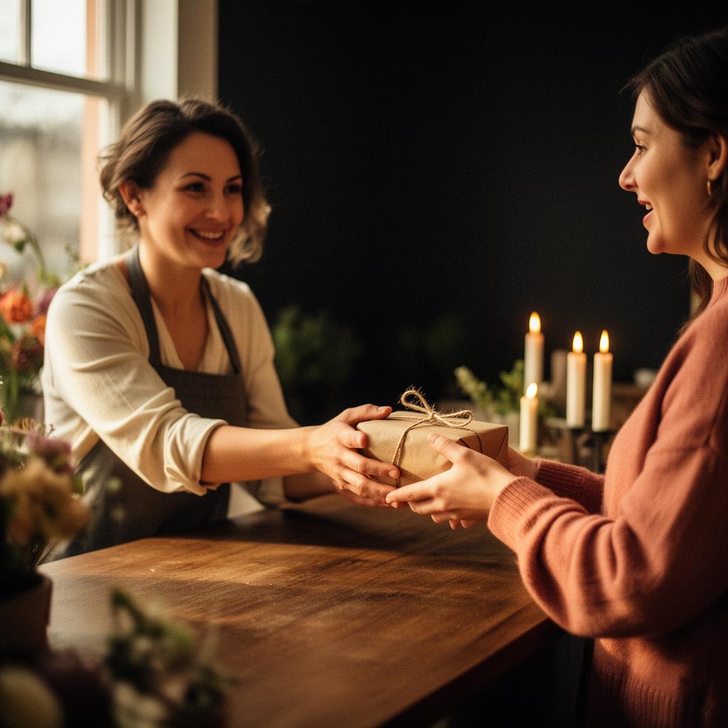 A florist handing a wrapped parcel to a regular customer across a wooden counter, both smiling in warm candlelight